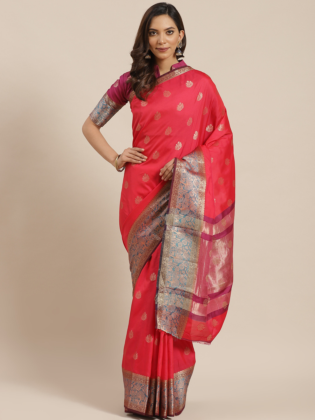 Mitera Coral Red & Golden Zari Woven Design Banarasi Saree