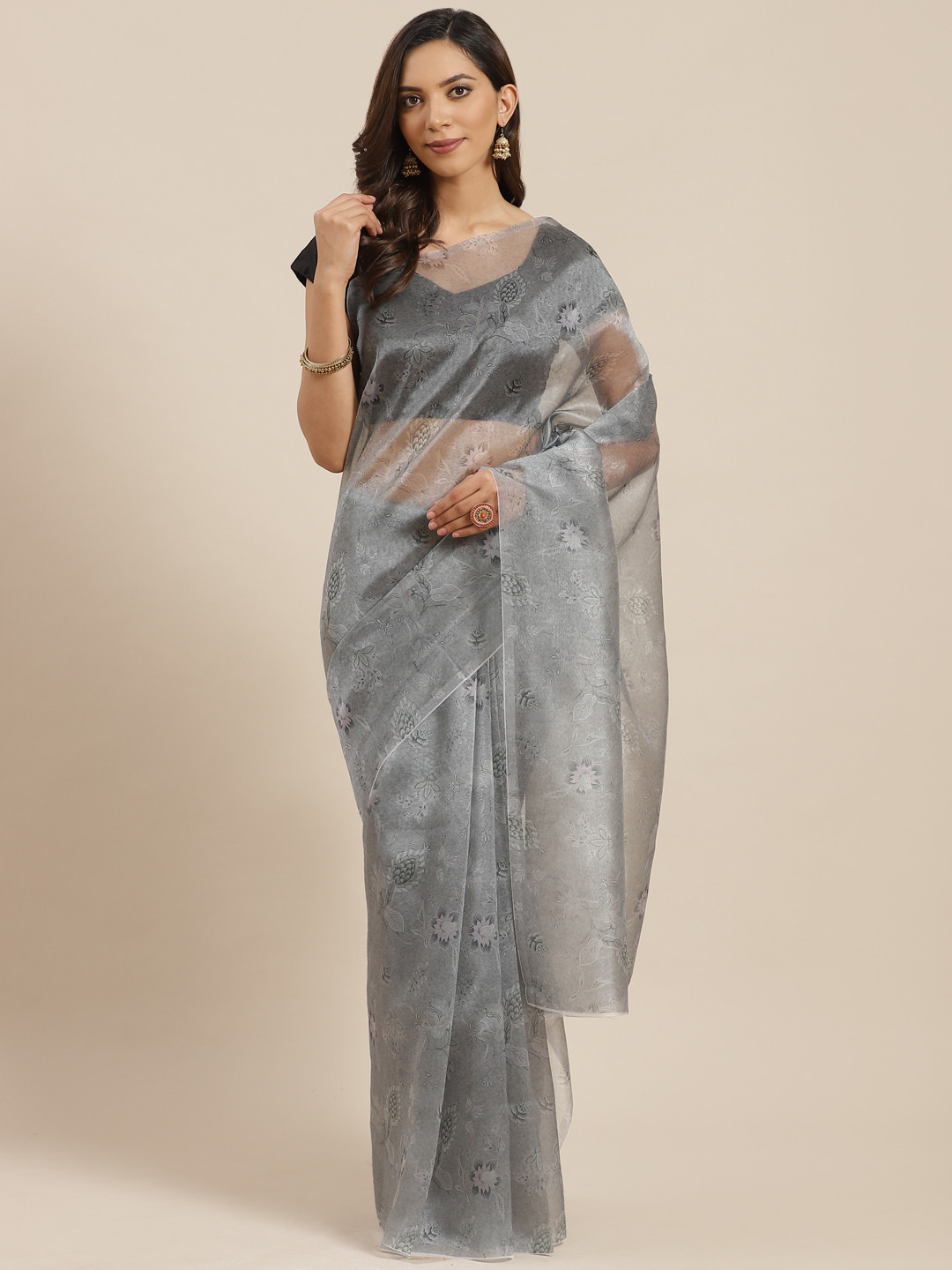 Blissta Grey & Olive Green Floral Print Saree