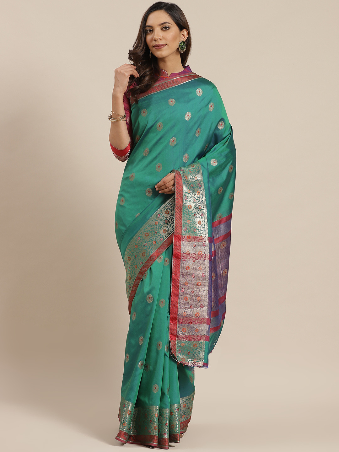 Mitera Green & Golden Zari Woven Design Dual Tone Banarasi Saree