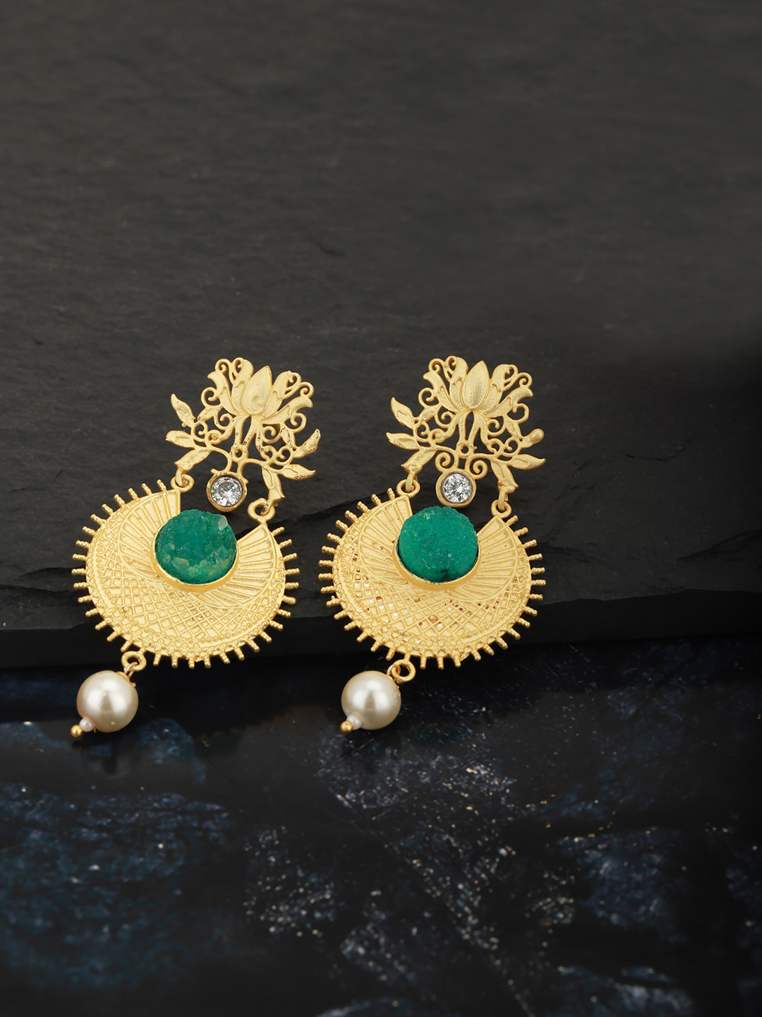 Carlton London Green Gold-Plated Stone-Studded Handcrafted Textured Classic Drop Earrings