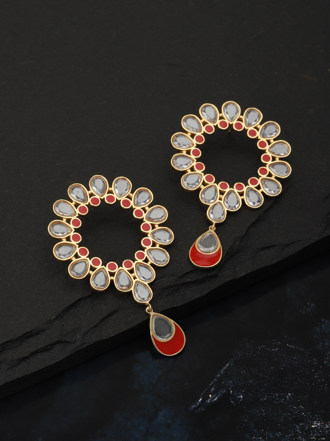 Carlton London Red Gold-Plated Stone-Studded Enamelled Circular Drop Earrings