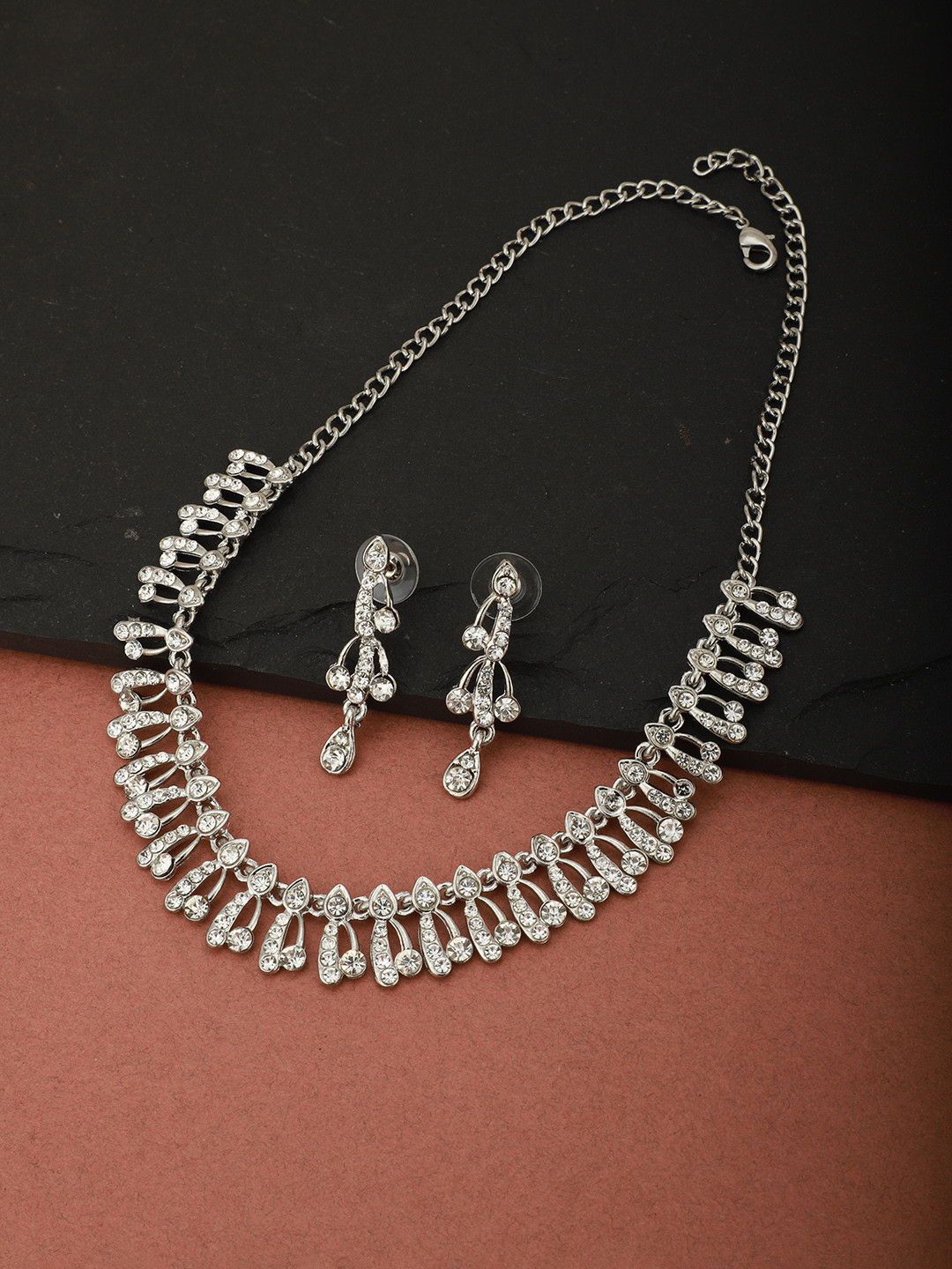 Carlton London Silver-Plated Rhodium-Plated CZ-Studded Handcrafted Jewellery Set
