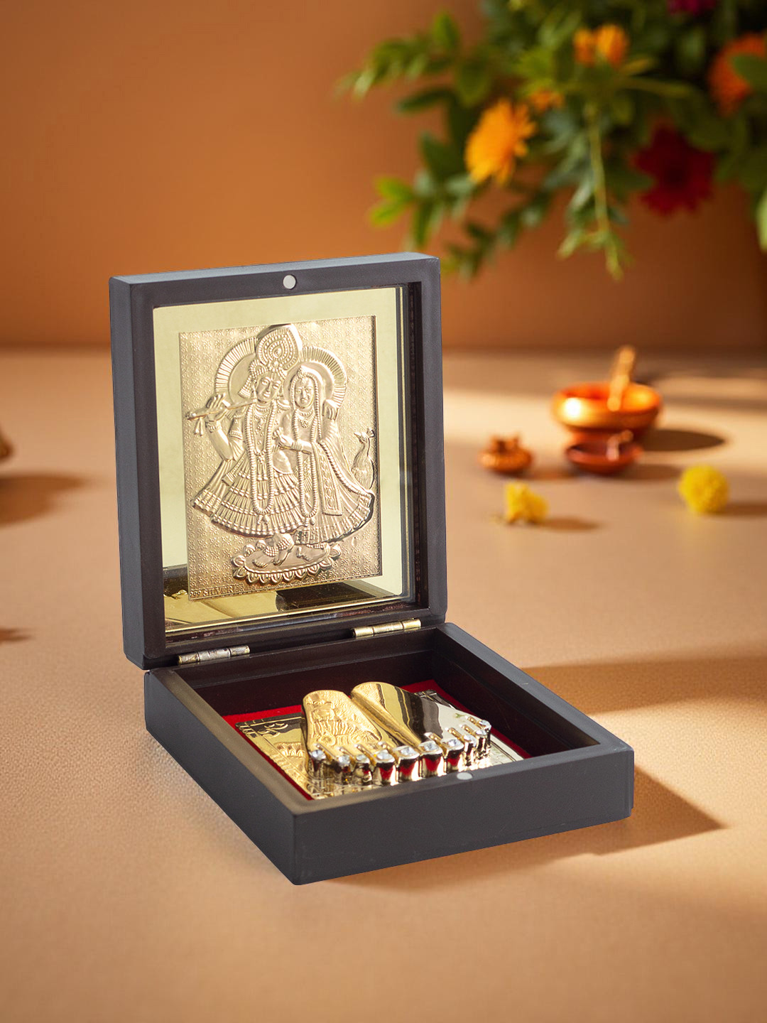 Golden Peacock Radha Krishna Brown Wood Natural Prayer Room Small Showpiece - 1.4 Inches