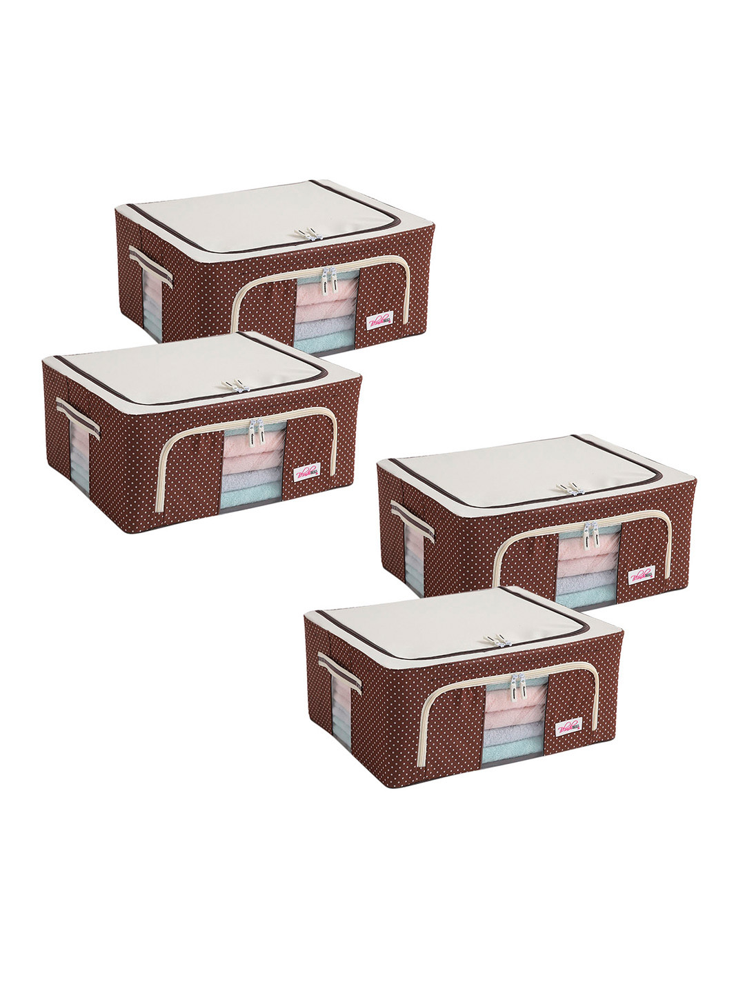 BlushBees Set Of 4 Brown & White Polka Dots Printed Box Storage Organiser