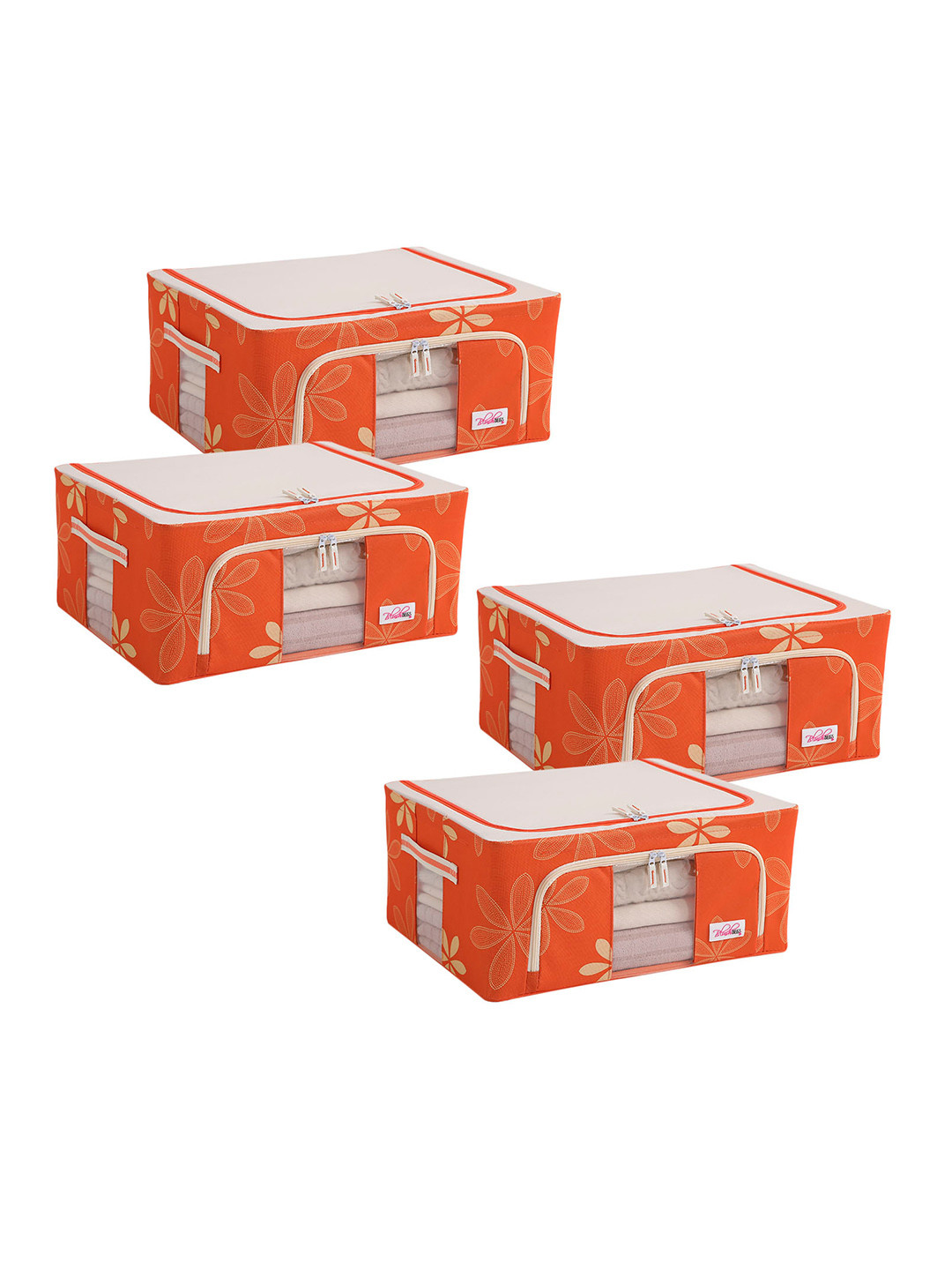 BlushBees Set of 4 Orange Floral Printed Multi-Utility Foldable Storage Box Organizers