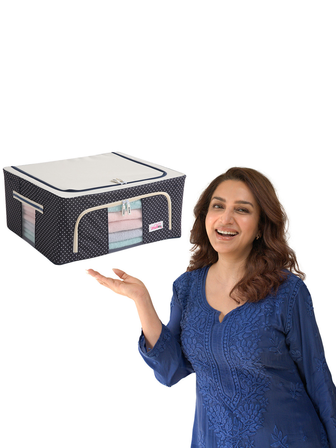 BlushBees Navy Blue & White Polka Dots Printed Living Box Storage Organiser