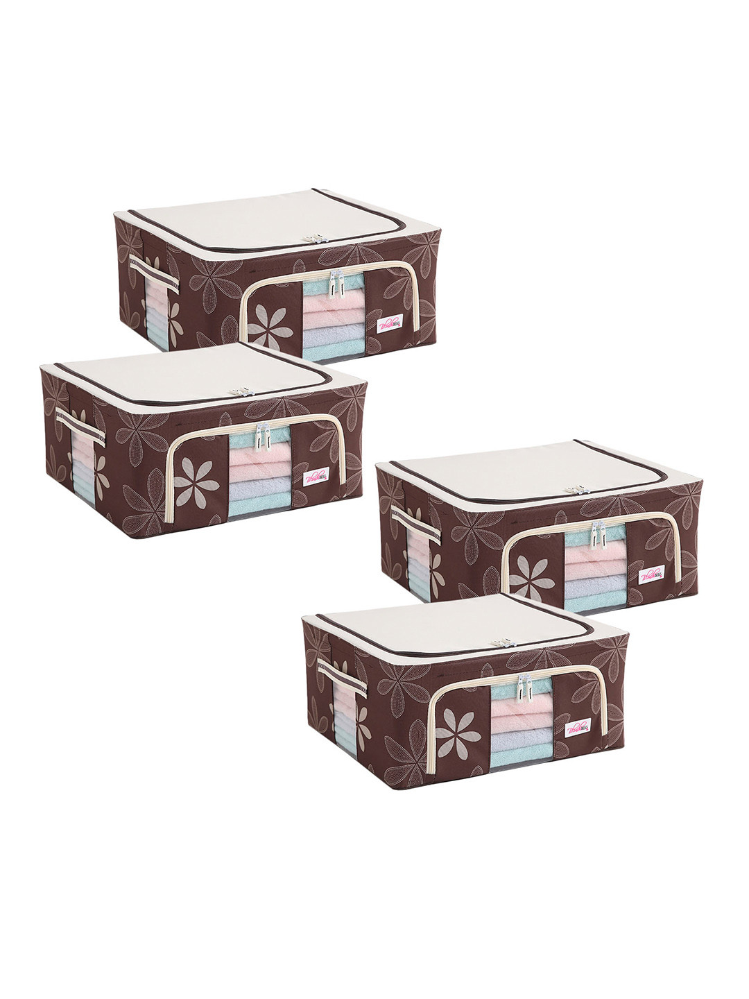 BlushBees Set of 4 Brown Floral Printed Foldable Storage Boxes With Transparent Window