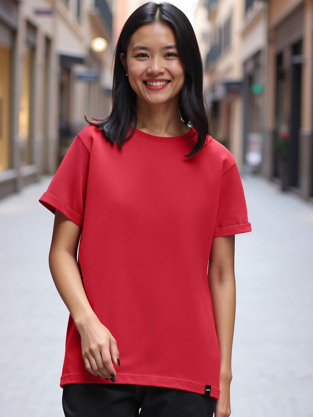 Bewakoof Women Red Solid Round Neck Pure Cotton Boyfriend T-Shirt