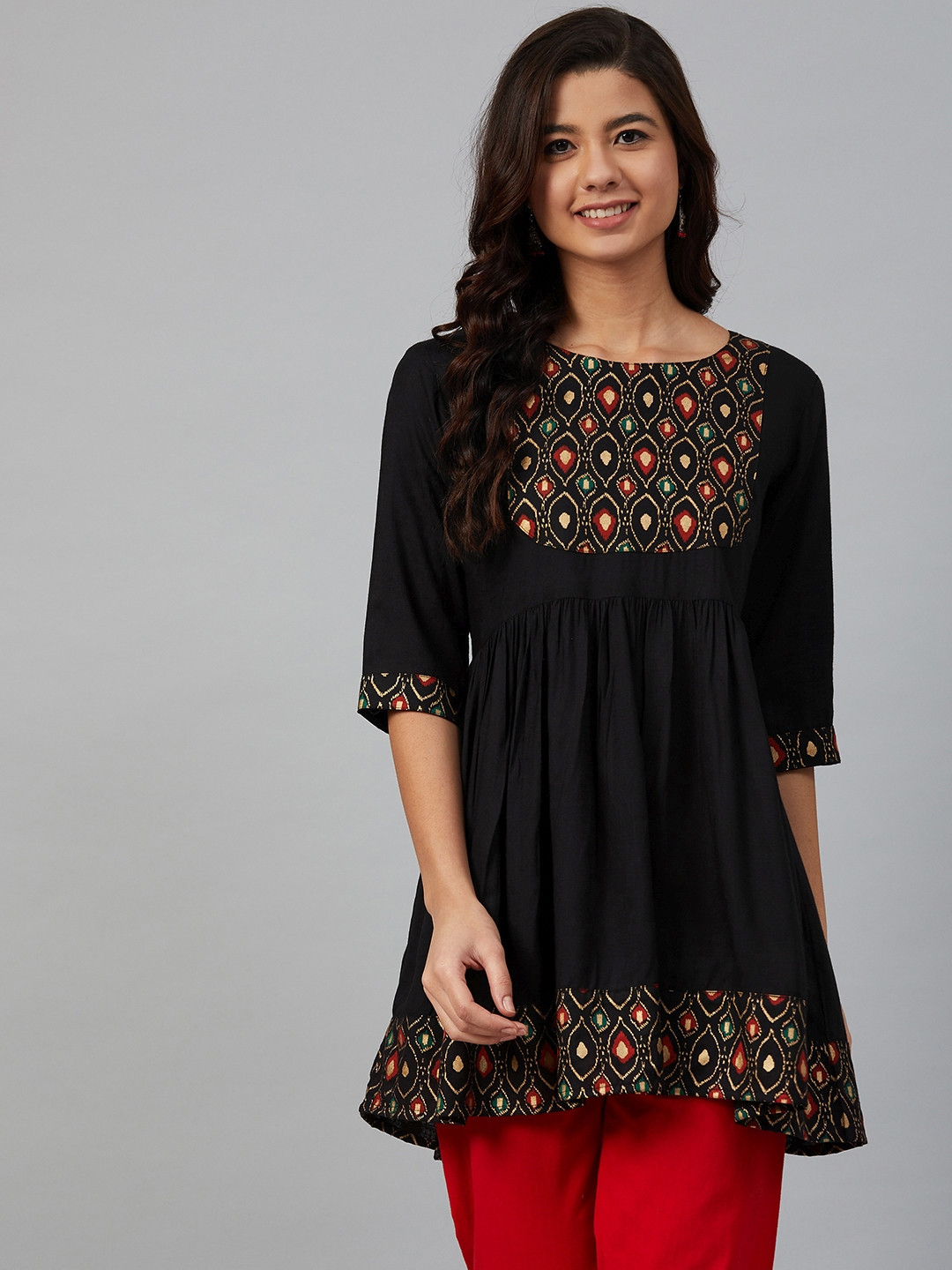 Women Black & Golden Yoke Design A-Line Kurti