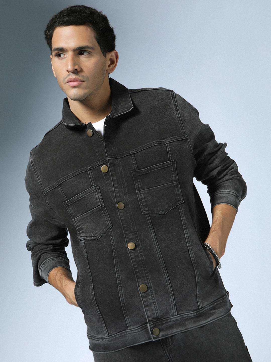 Hubberholme Men Charcoal Grey Washed Denim Jacket