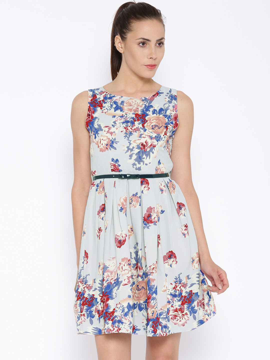 Tokyo Talkies Grey Floral Print Fit & Flare Dress