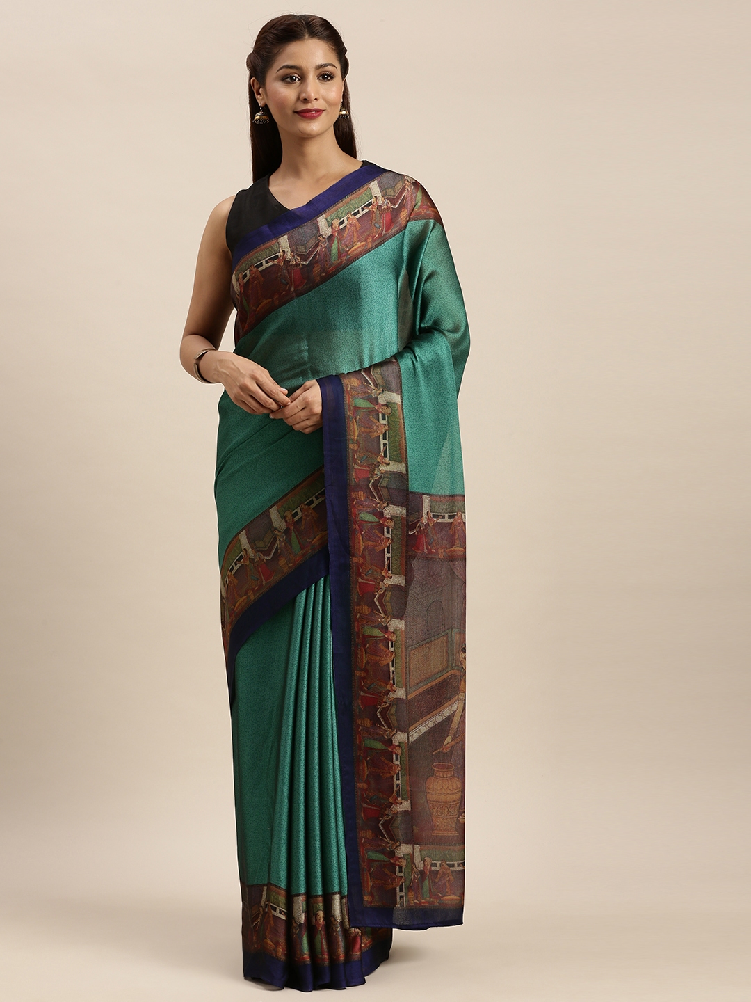 Mirchi Fashion Teal Red Poly Crepe Printed Saree