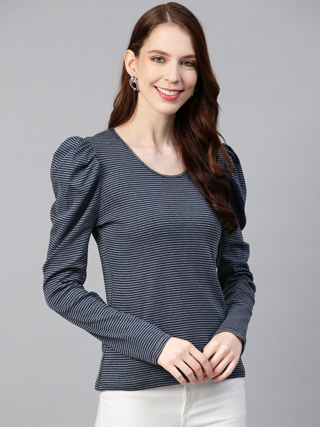 SCOUP Women Blue & Grey Striped Top