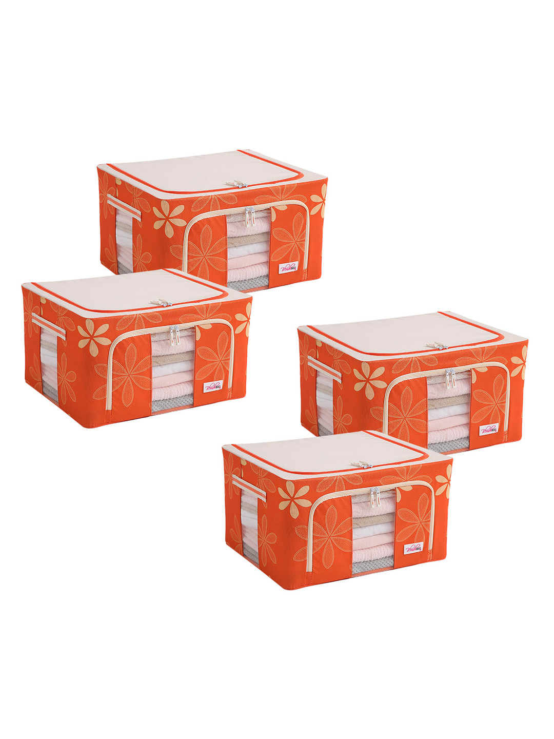 BlushBees Set Of 4 Orange & White Floral Printed Foldable Living Box