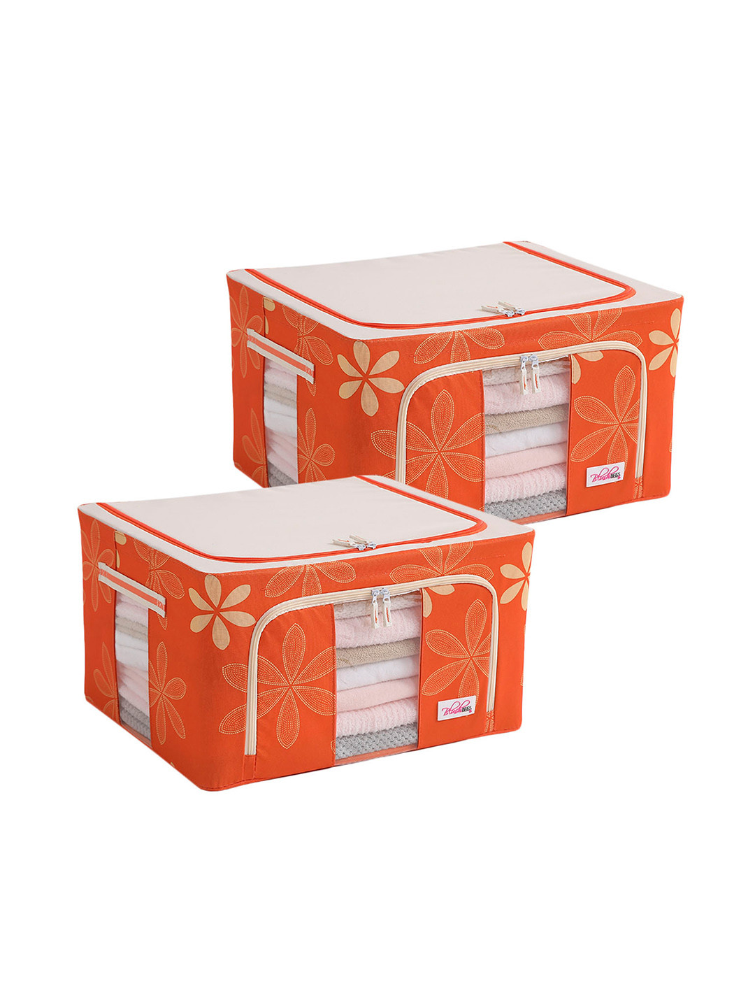 BlushBees Set Of 2 Orange & Off-White Floral Printed Multi-Utility Storage Boxes