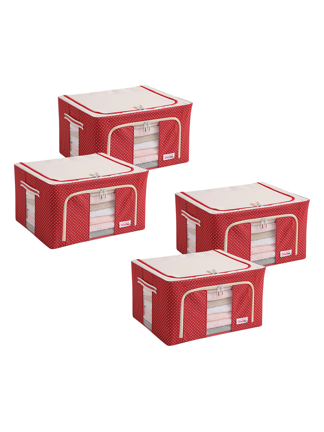 BlushBeesSet Of 4 Red & White Polka Dots Printed Multi-Utility Clothes Storage Boxes