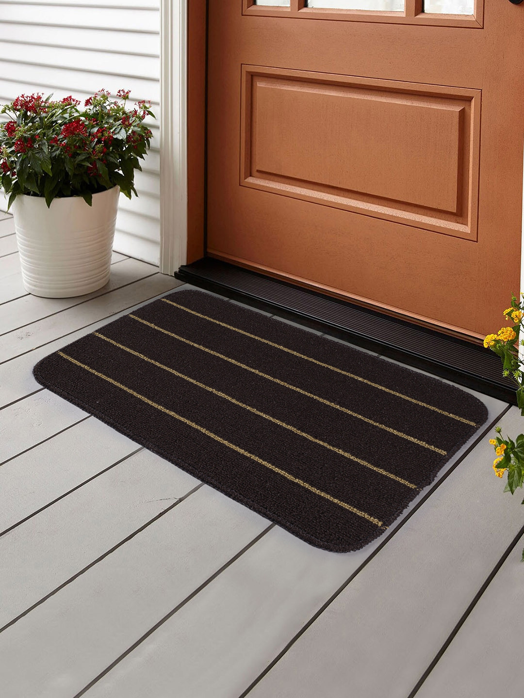 Saral Home Brown & Yellow Striped PP Anti-Skid Doormat
