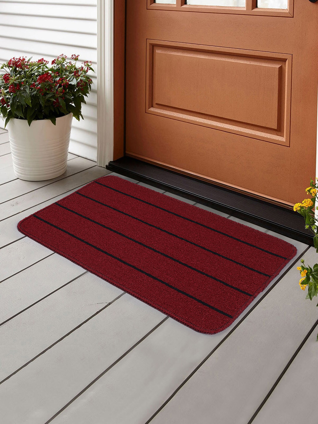 Saral Home Maroon & Black Striped Polypropylene Anti-Skid Doormat