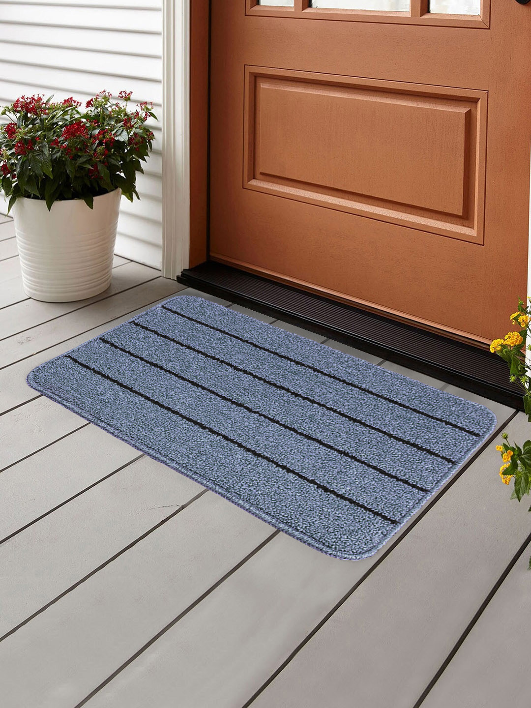 Saral Home Blue & Black Striped Polypropylene Anti-Skid Doormat