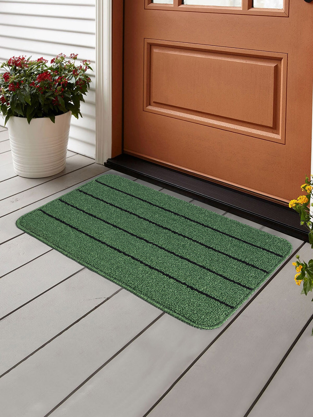 Saral Home Green & Black Striped PP Anti-Skid Doormat