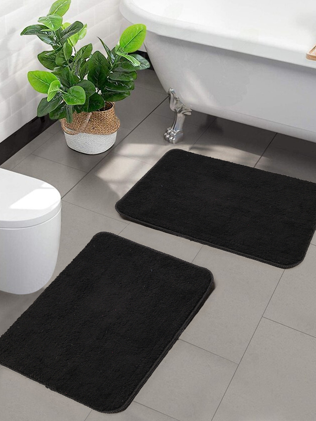 Saral Home Set Of 2 Black Solid Microfibre Anti-Skid Bath Rugs