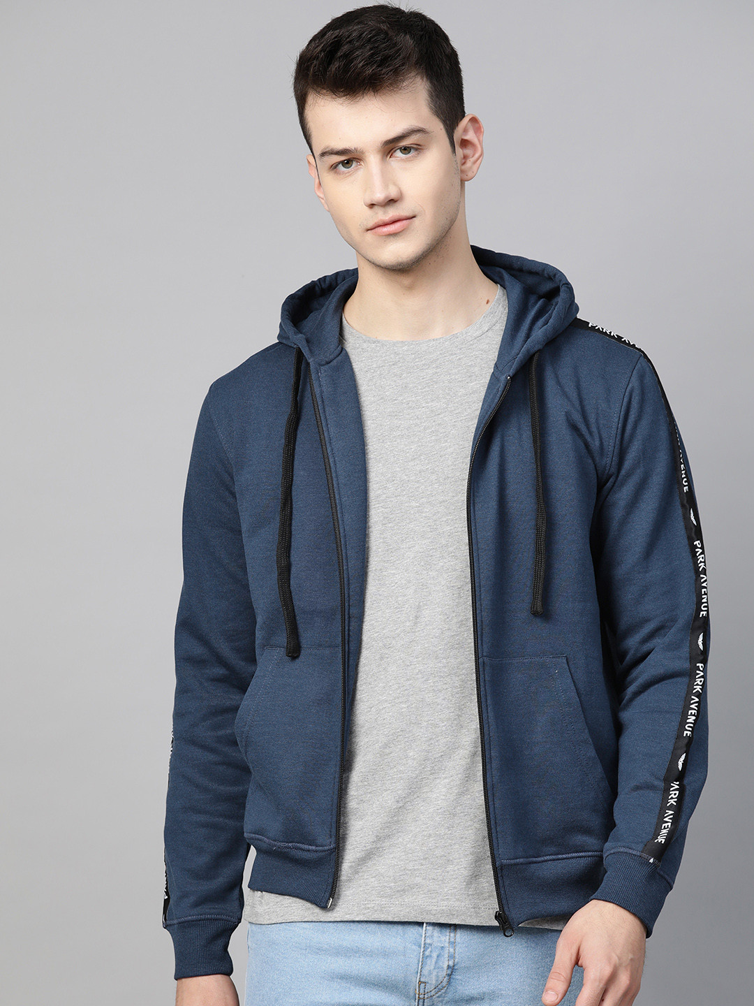 Park Avenue Men Navy Blue Solid Hooded Sweatshirt with Side Taping