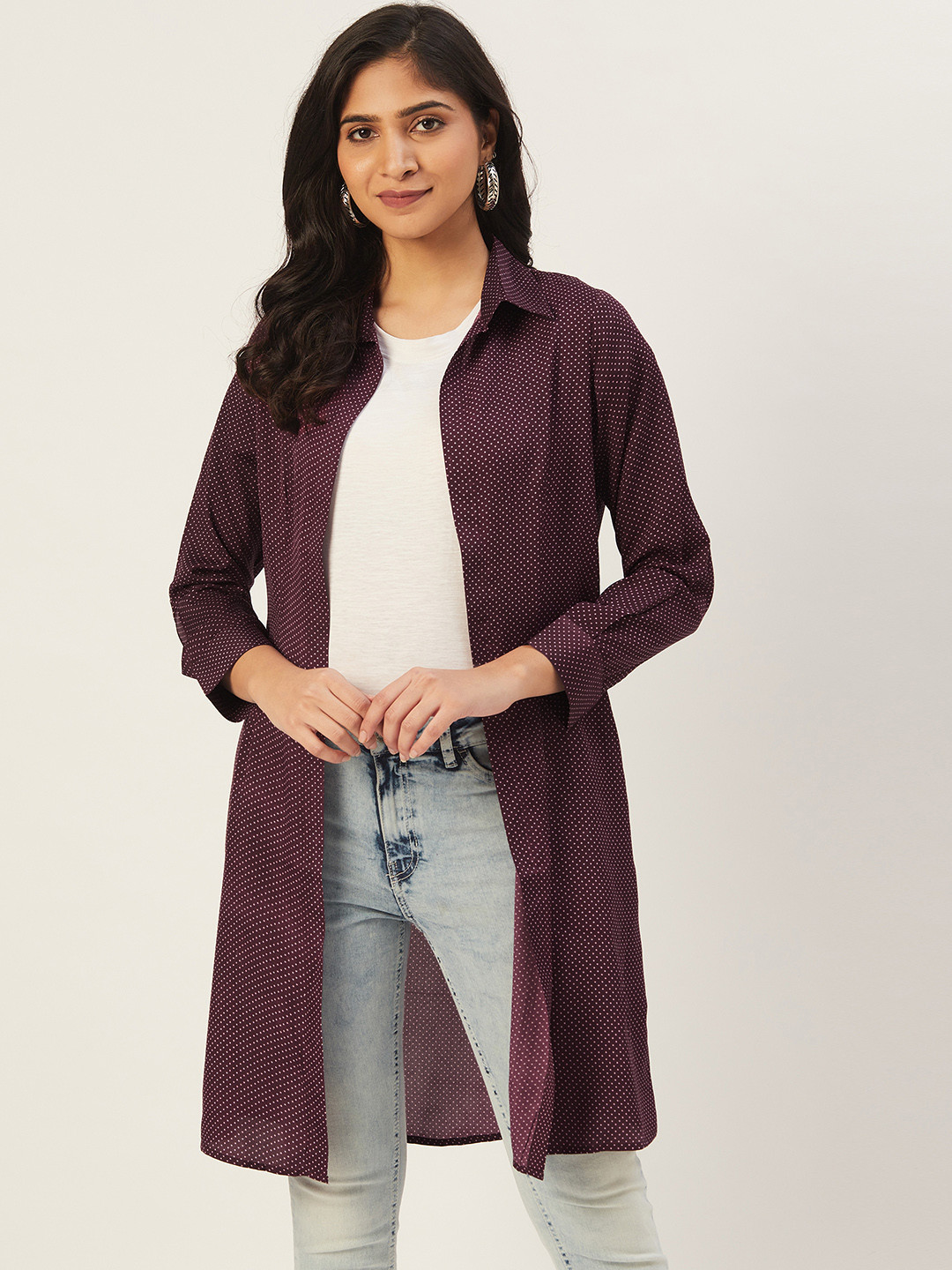 DODO & MOA Women Purple Printed Open Front Longline Shrug