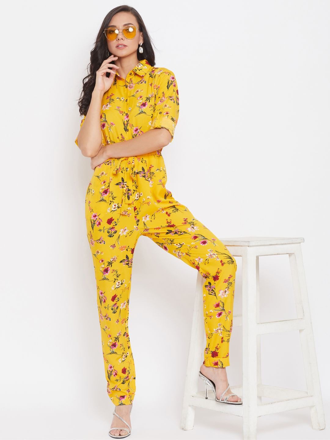 Uptownie Lite Women Yellow Printed Crepe Roll Up Jumpsuit