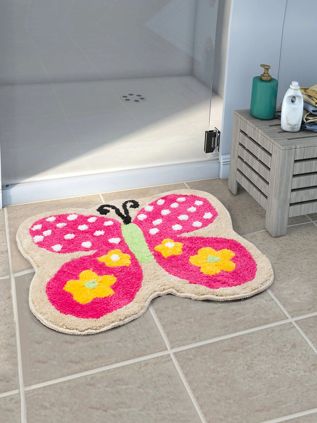 Saral Home Pink & Beige Butterfly Shape Soft Microfiber Anti Slip Floor Mat