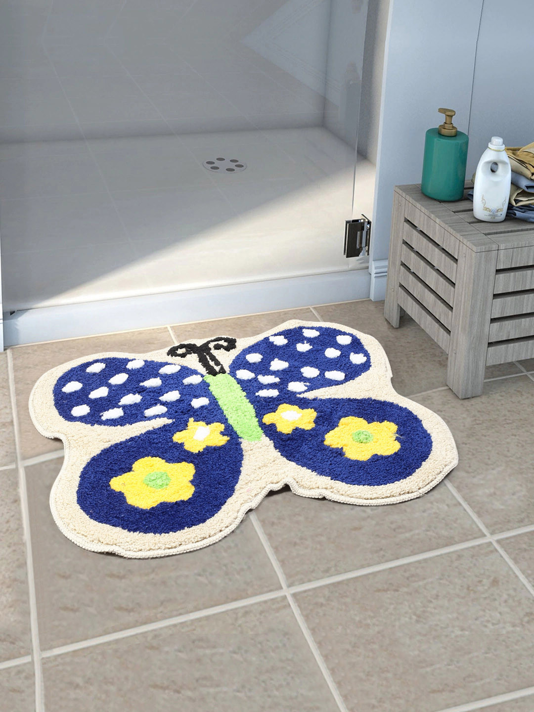 Saral Home Blue Butterfly Shaped Soft Microfiber Anti-Skid Floor Mat