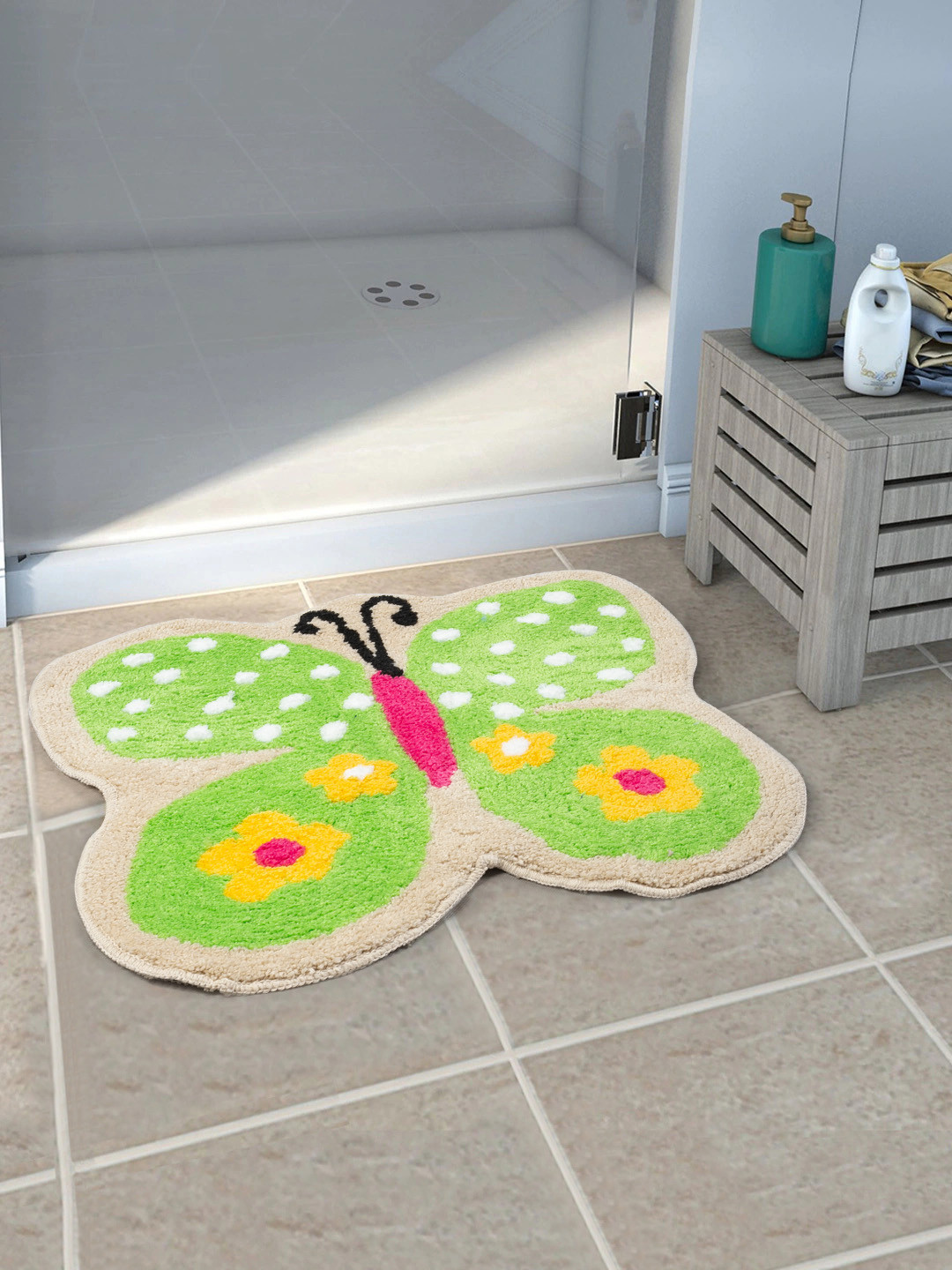 Saral Home Green & Grey Printed Butterfly-Shape Microfiber Anti-Slip Floor Mat