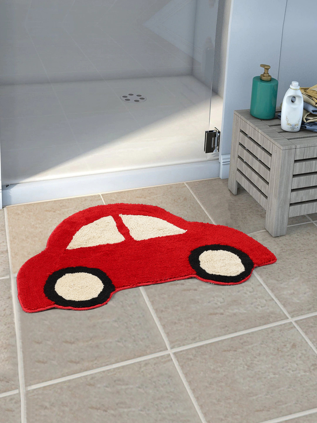 Saral Home Red & Cream Car Shaped Soft Microfiber Anti Slip Floor Mat