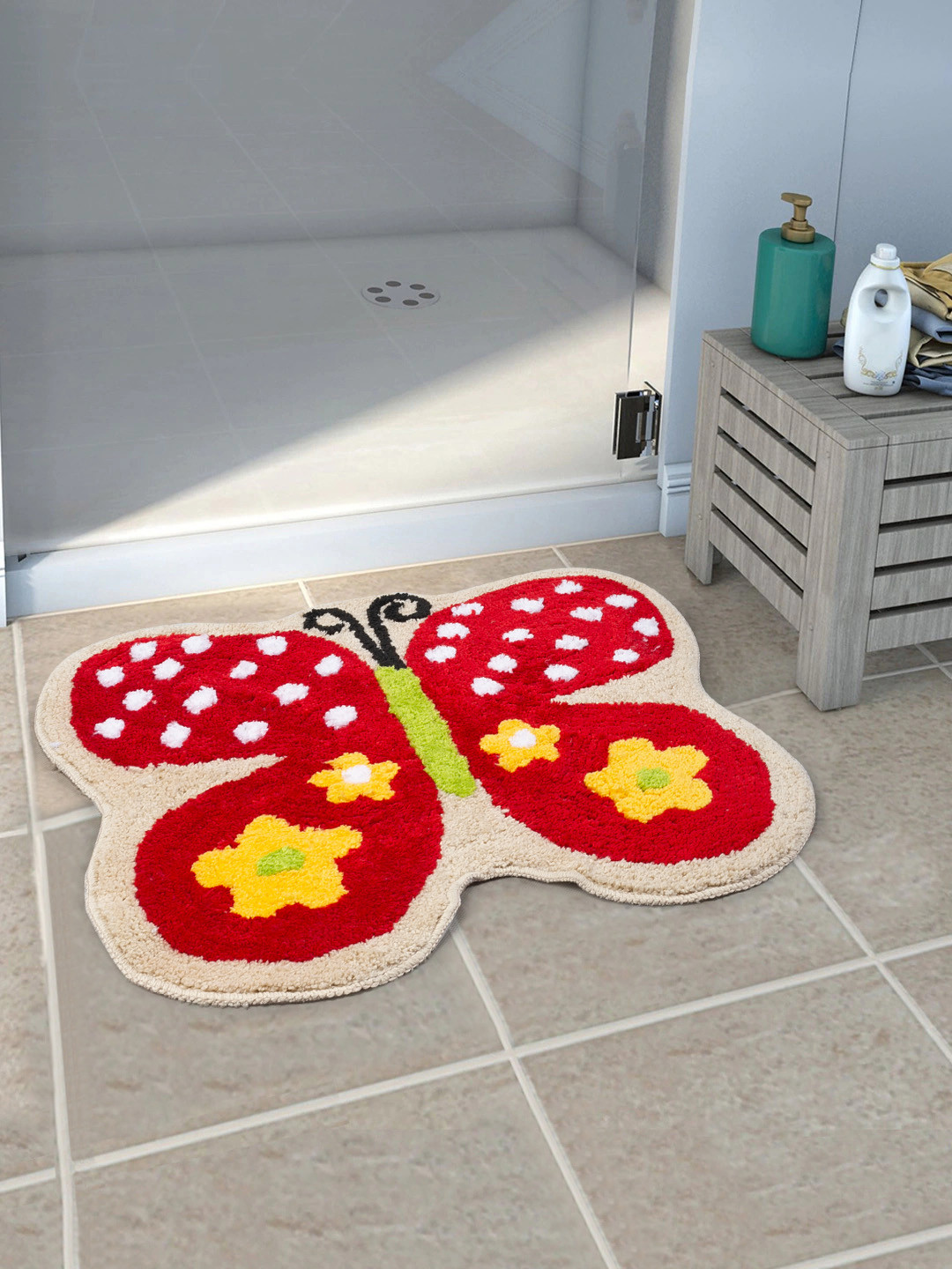 Saral Home Red & Brown Printed Butterfly-Shaped Microfiber Anti-Slip Floor Mat