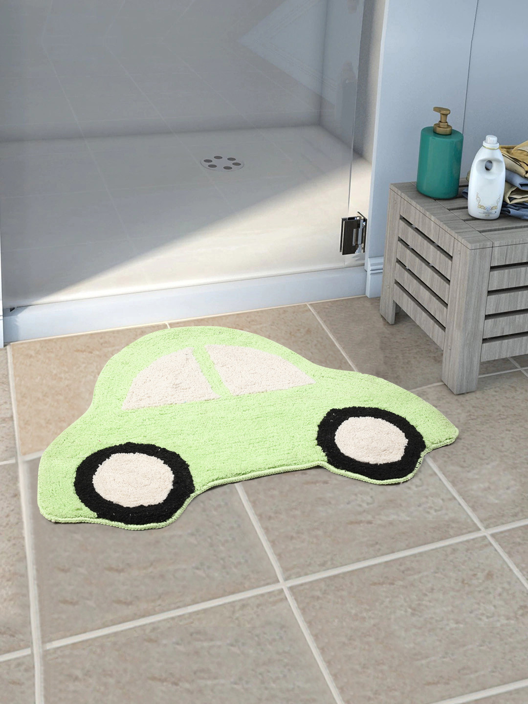 Saral Home Green & Beige Printed Car-Shaped Microfiber Anti-Skid Floor Mat