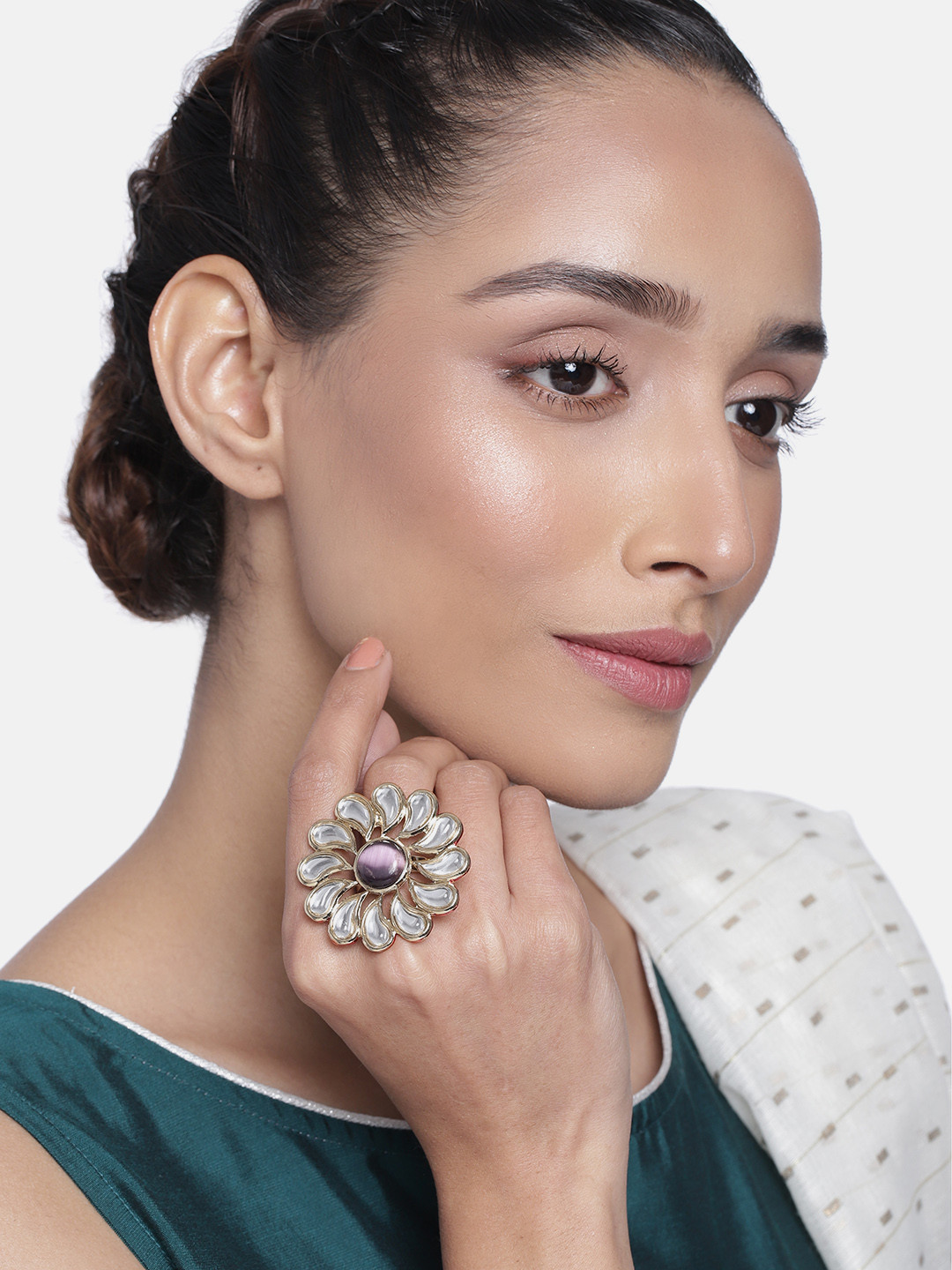 Estele Gold-Plated Purple & White Artificial Stone-Studded Keri Cocktail Finger Ring