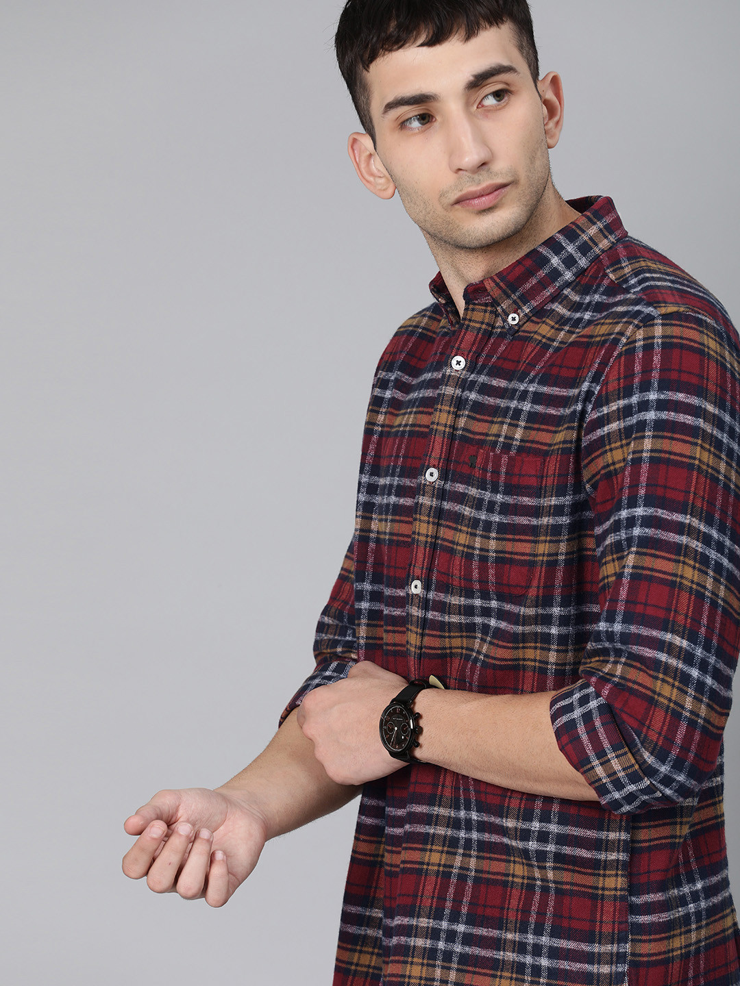 THE BEAR HOUSE Men Maroon & Navy Blue Slim Fit Checked Flannel Casual Shirt