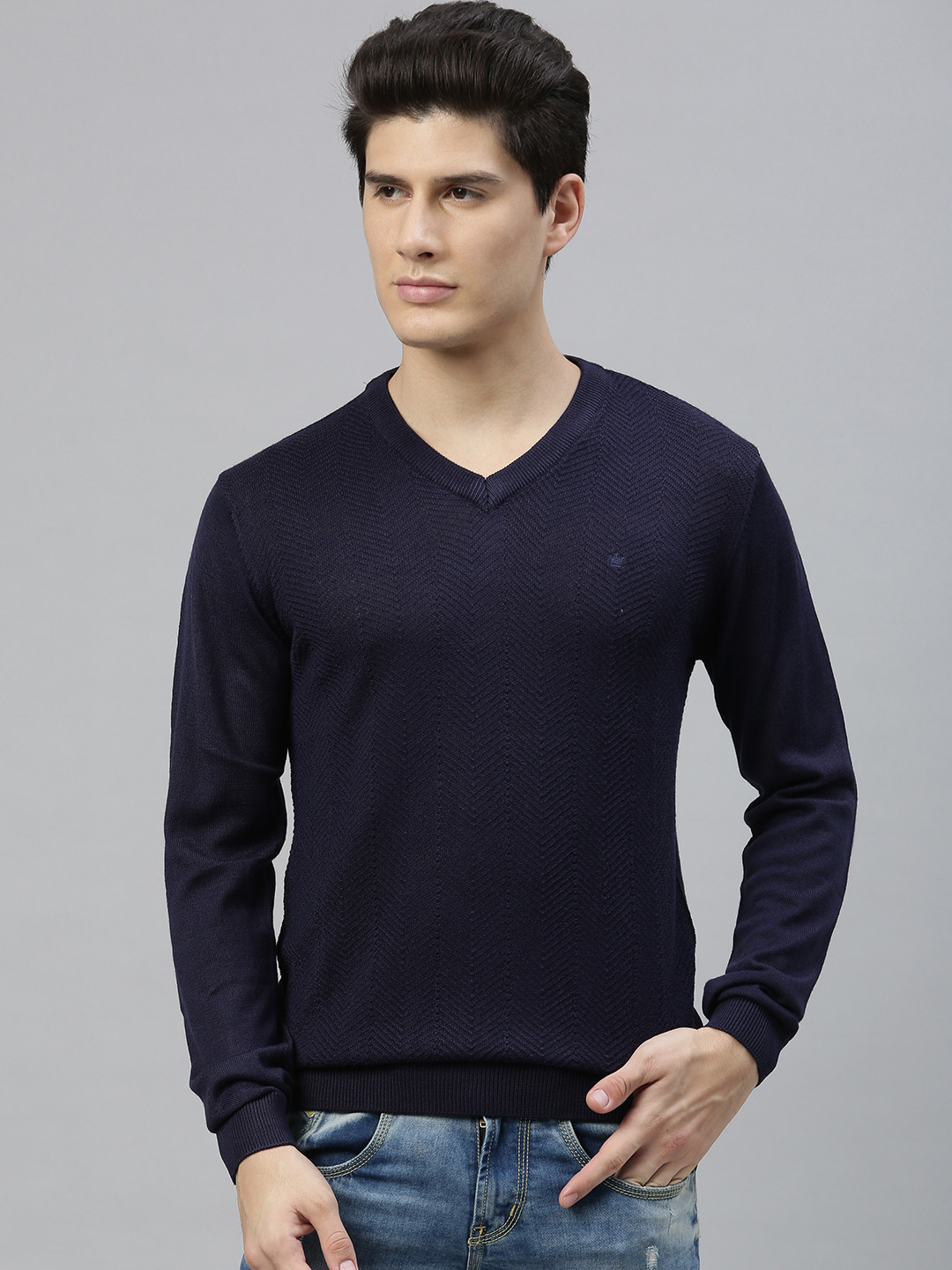 Louis Philippe Men Navy Blue Self Design Pullover Sweater