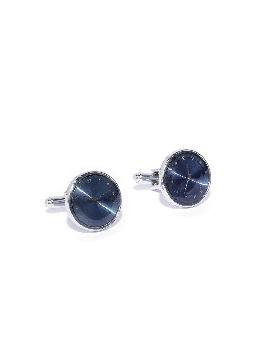 YouBella Navy Blue & Gold-Toned Silver-Plated Clock Shaped Cufflinks