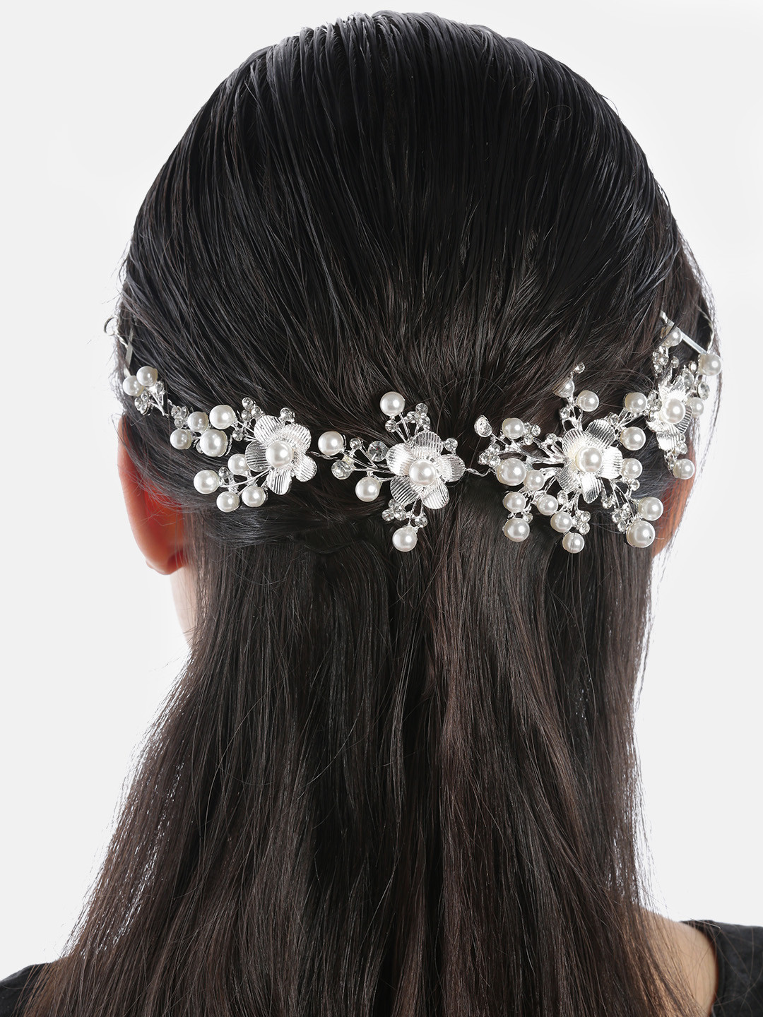 YouBella Silver-Toned & Off-White Embellished Floral Hair Accessory
