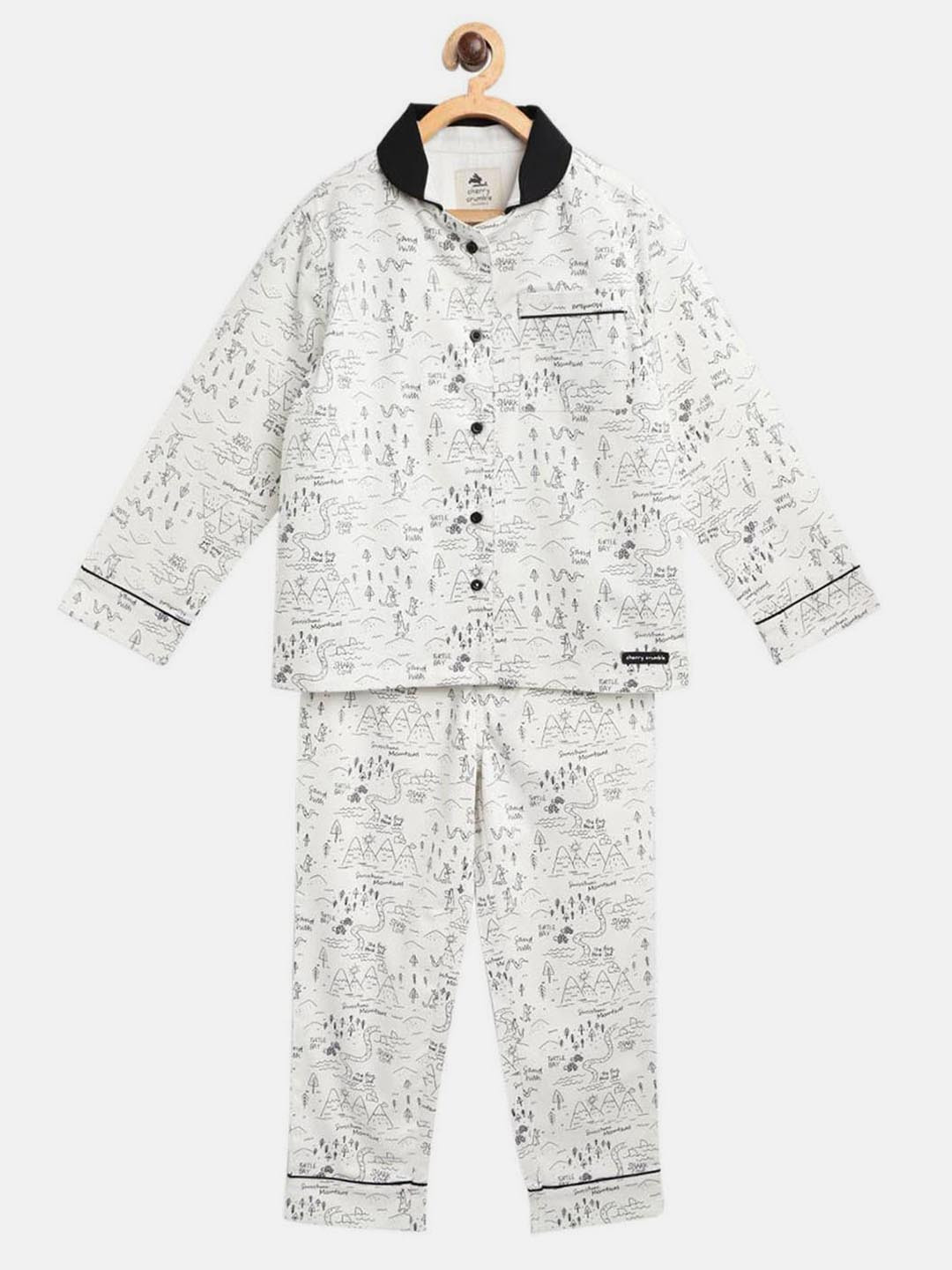 Cherry Crumble Unisex Kids White & Black Printed Night suit