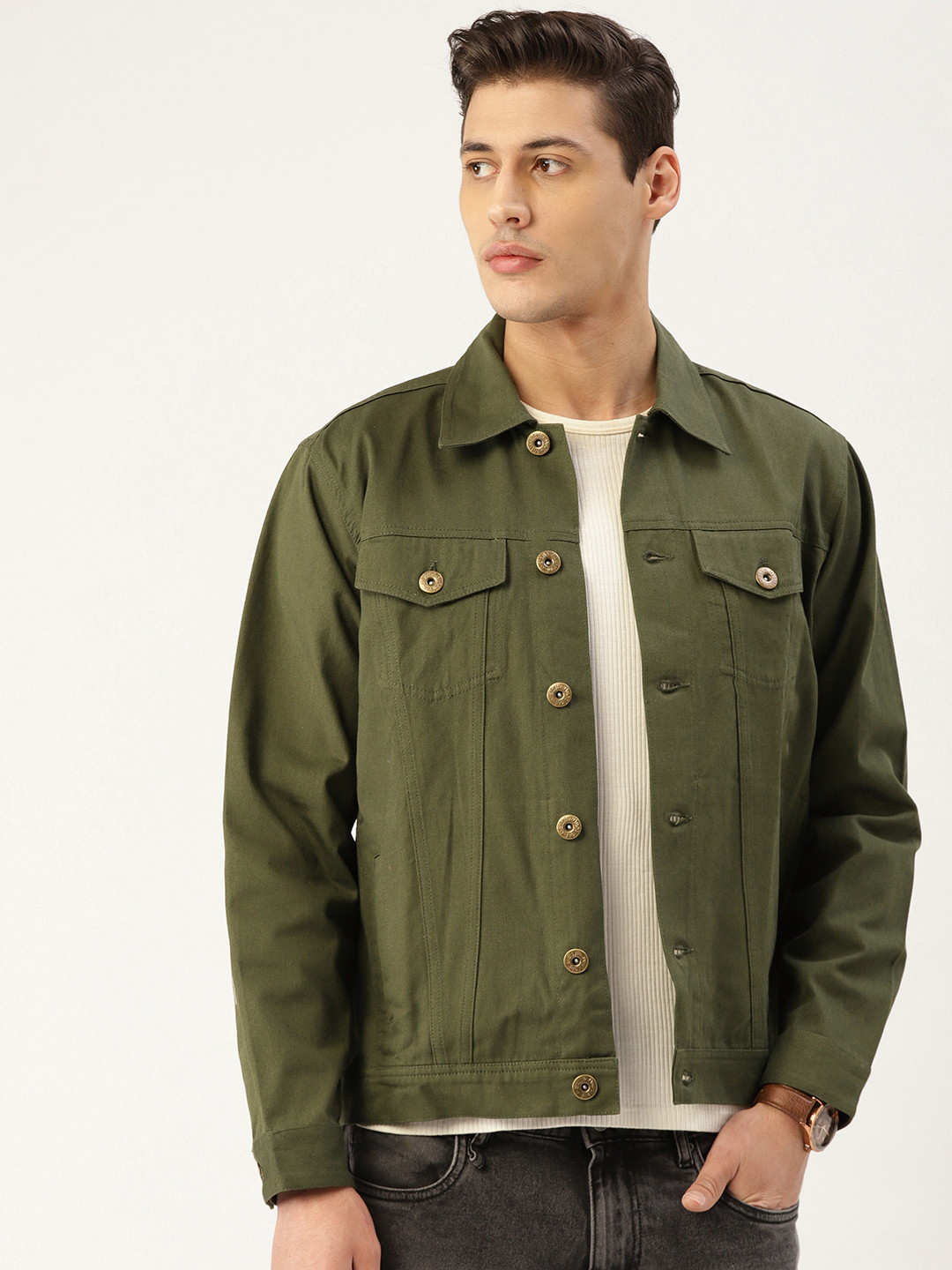 Style Quotient Men Olive Green Solid Denim Jacket