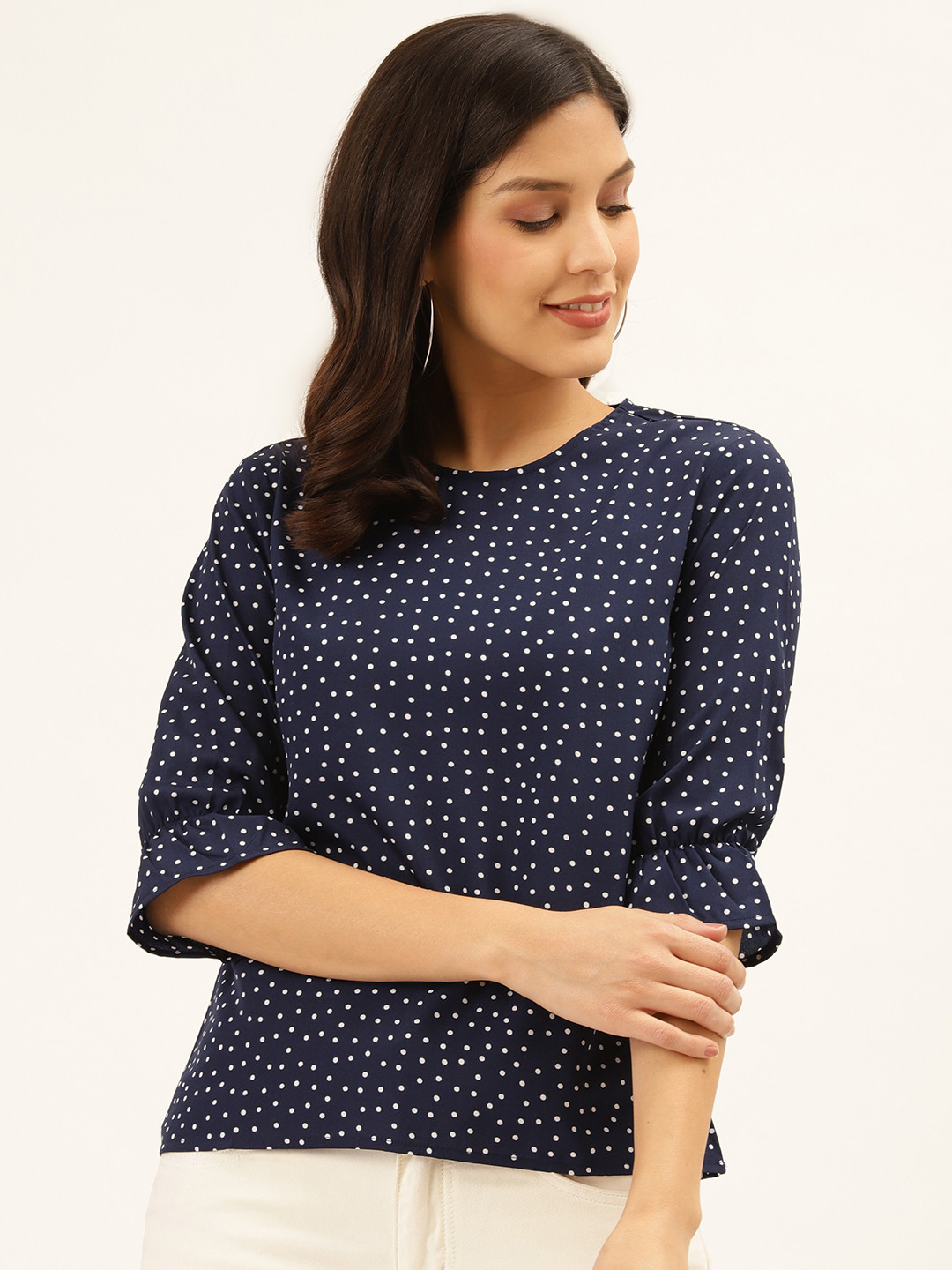 Style Quotient Women Navy Blue & White Dot Print Regular Top