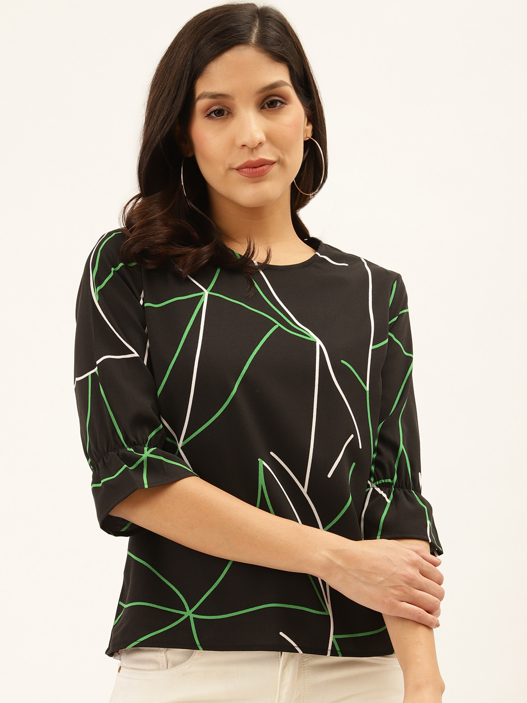 Style Quotient Women Black & Green Abstract Print Regular Top