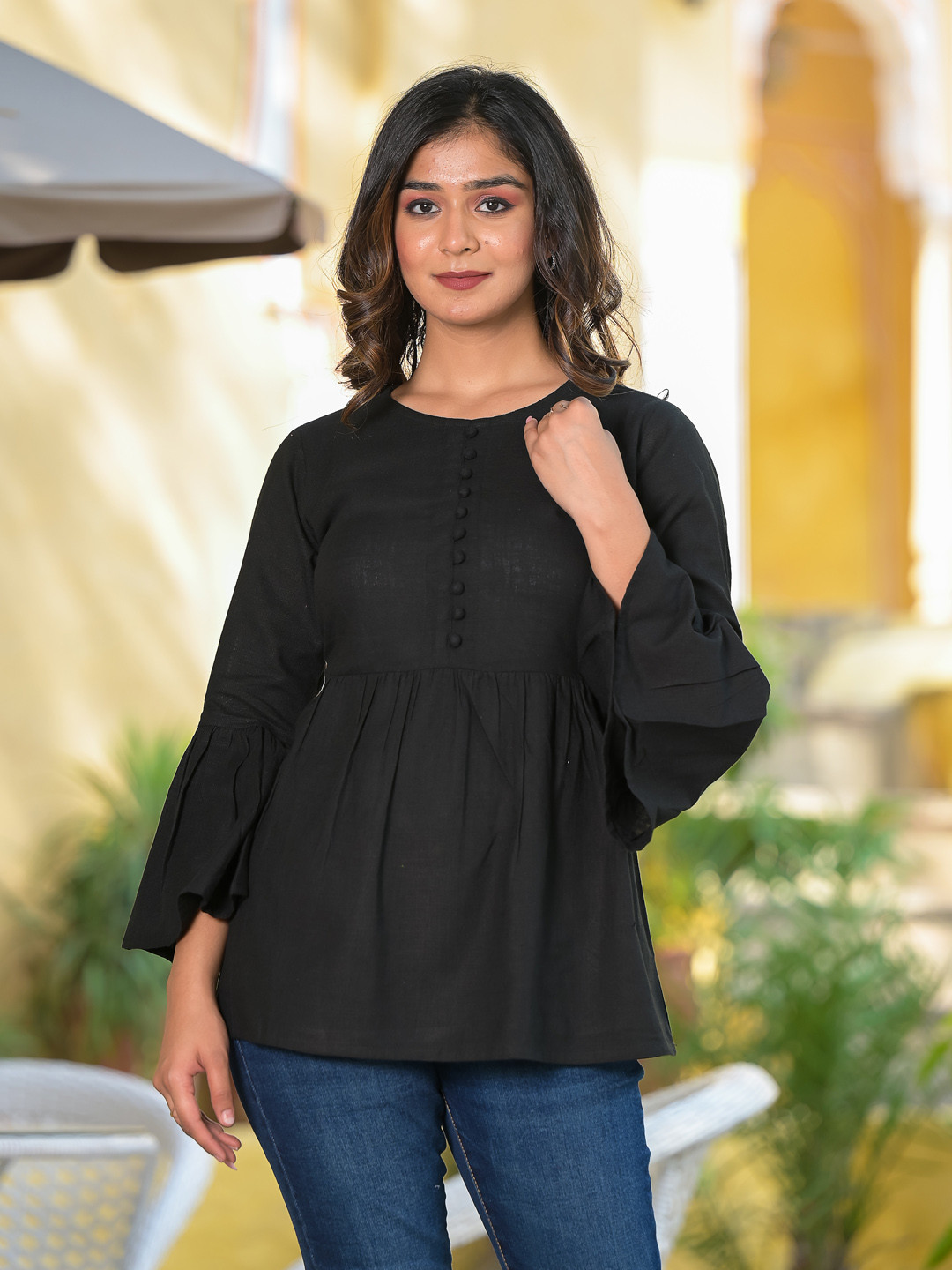 YASH GALLERY Black Solid Bell Sleeves A-Line Top