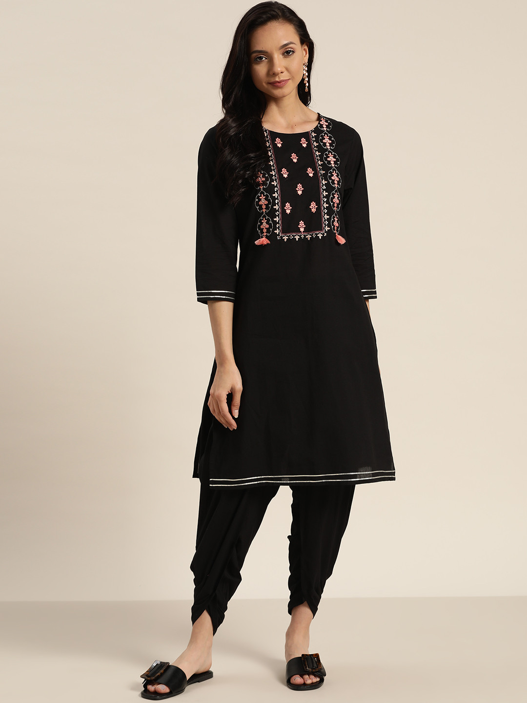 Sangria Women Black & Peach-Coloured Cotton Embroidered Straight Kurta with Dhoti Pants