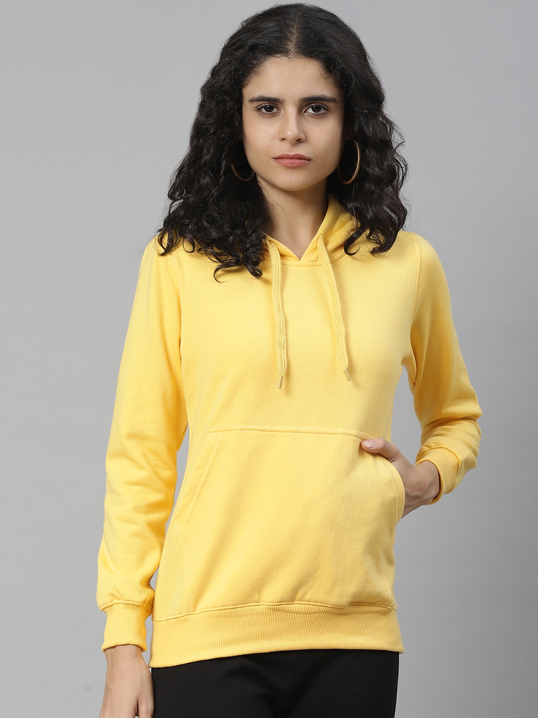 Buy BREIL BY FORT COLLINS Women Yellow Solid Hooded Sweatshirt