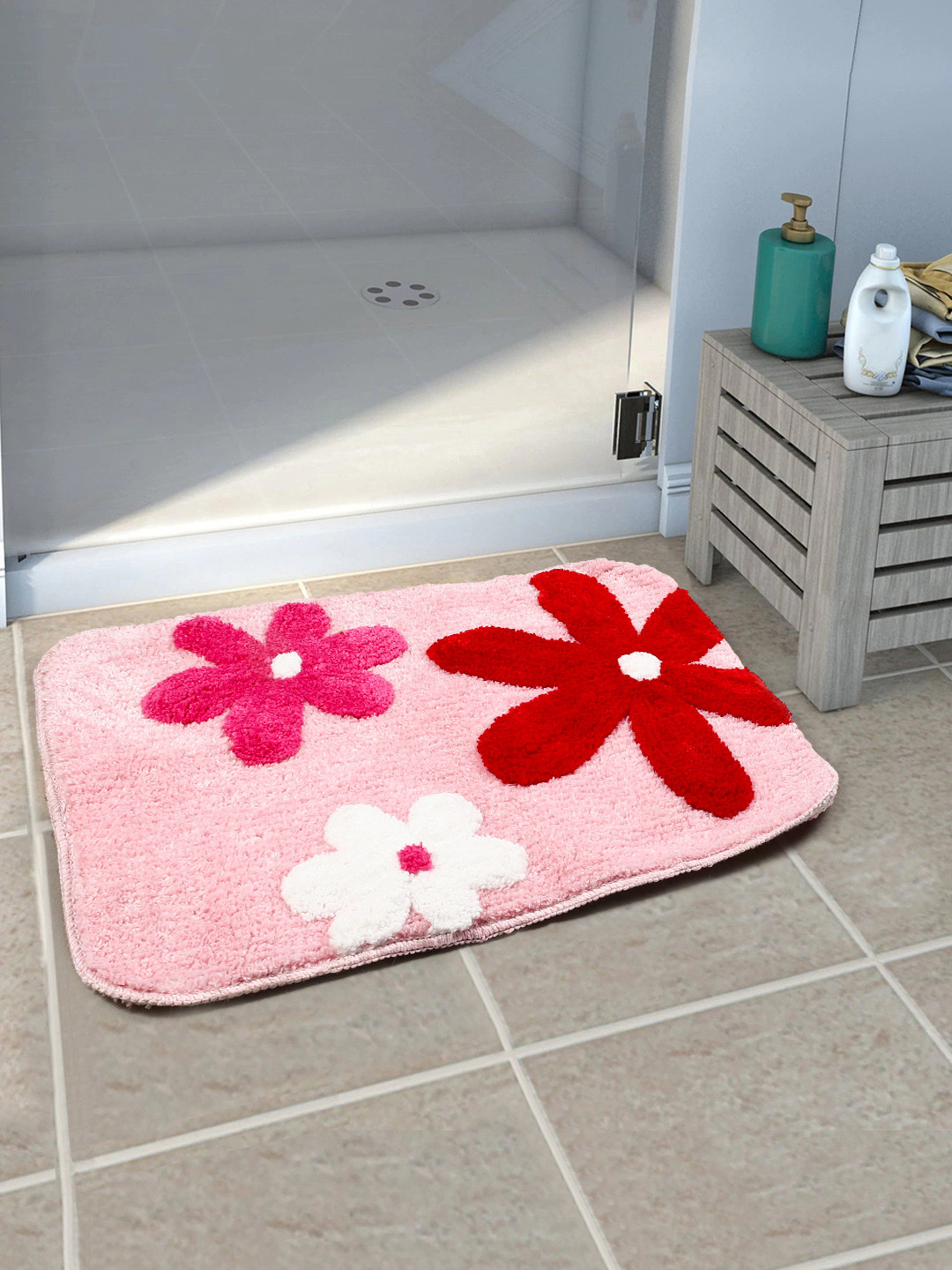 Saral Home Pink & Red Floral Self-Design Cotton Anti-Skid 110 GSM Bath Rug