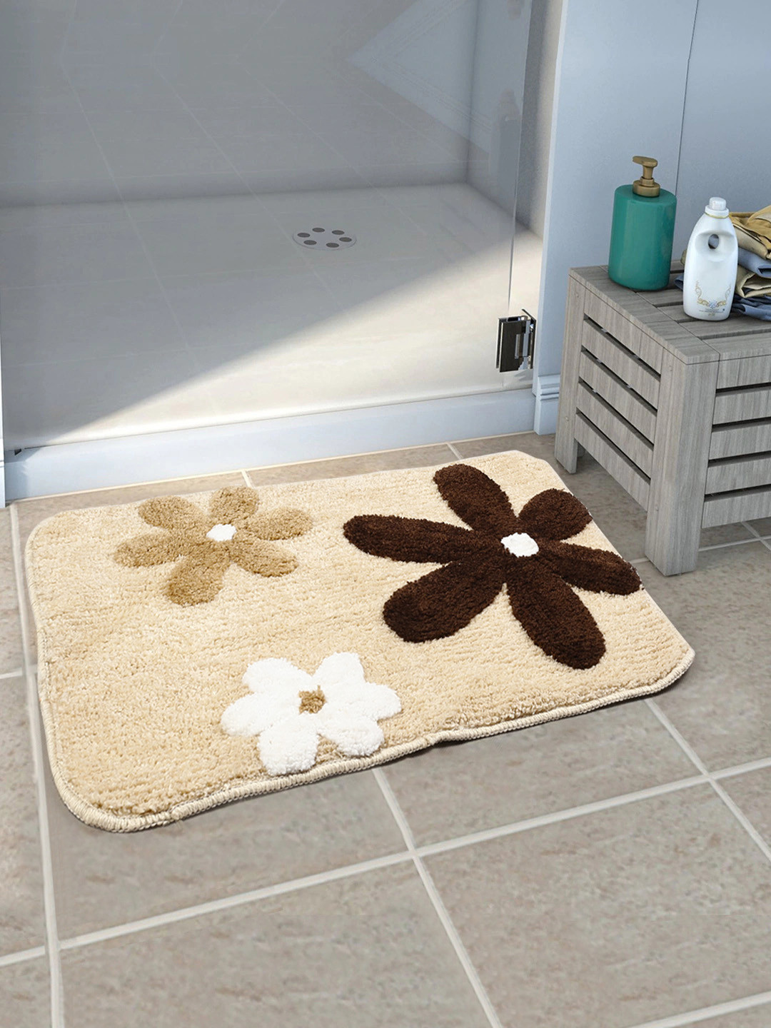 Saral Home Beige & Brown Floral Self-Design 110 GSM Anti-Skid Bath Rug