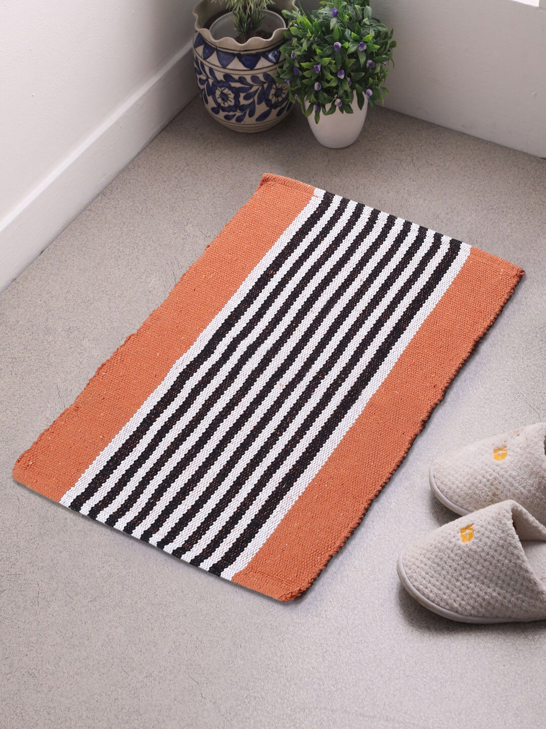 Saral Home Orange & White Striped Dhurrie