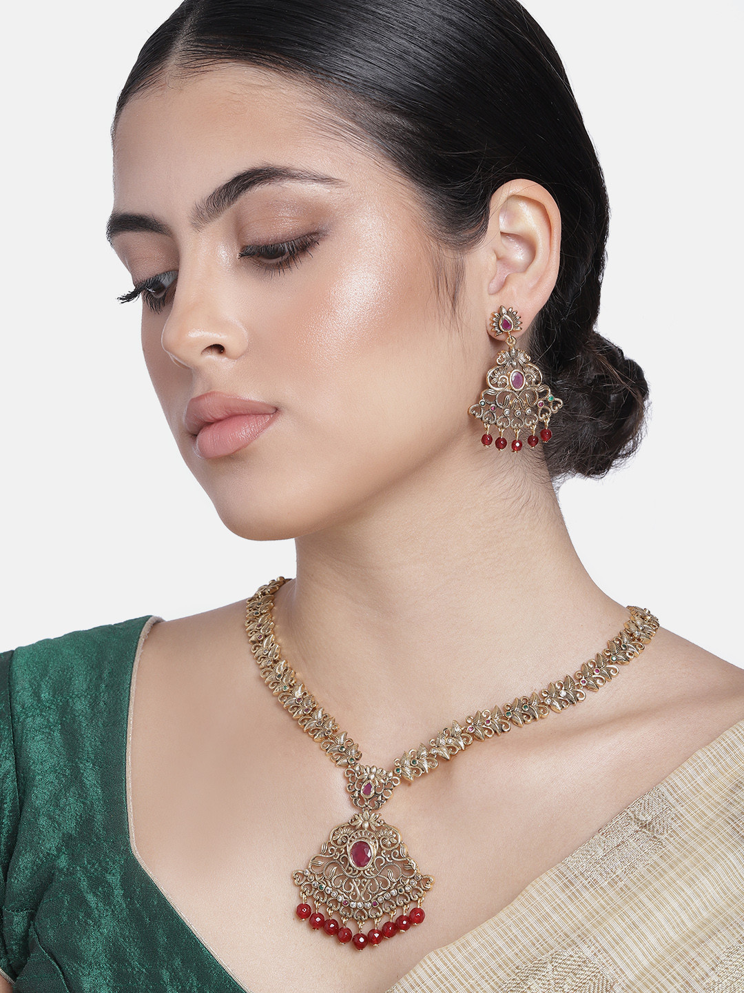 Estele Gold Plated CZ Fascinating Necklace Set with Multi-color Stones